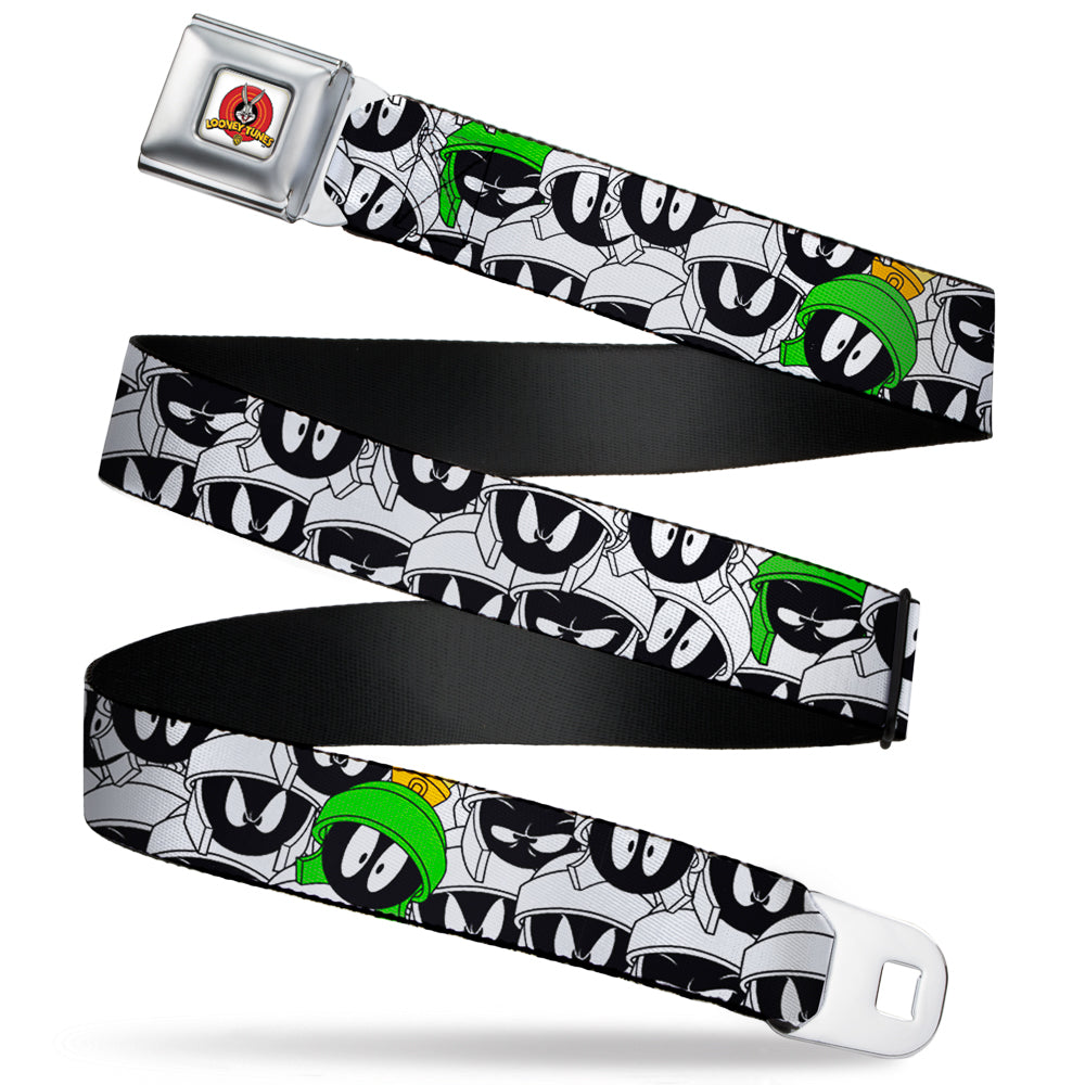 Looney Tunes Logo Full Color White Seatbelt Belt - Marvin the Martian Expressions Stacked White/Black/Green/Gold Webbing