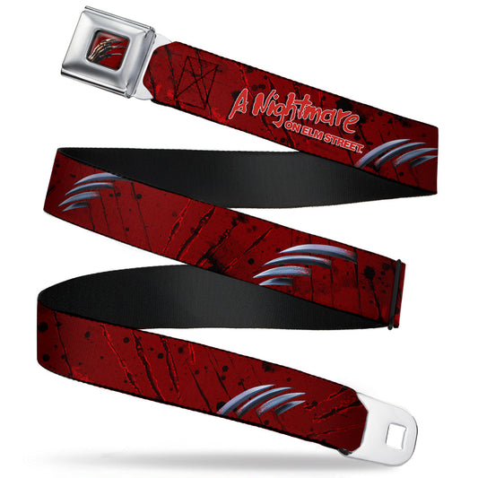 Freddy Krueger Blade Hand Full Color Black/Blood Splatter Seatbelt Belt - A NIGHTMARE ON ELM STREET/Freddy's Hand Scratching Reds/Black/Gray Webbing