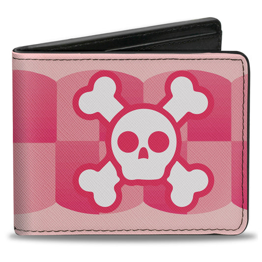 Bi-Fold Wallet - Cute Skulls w Checkers Pinks White