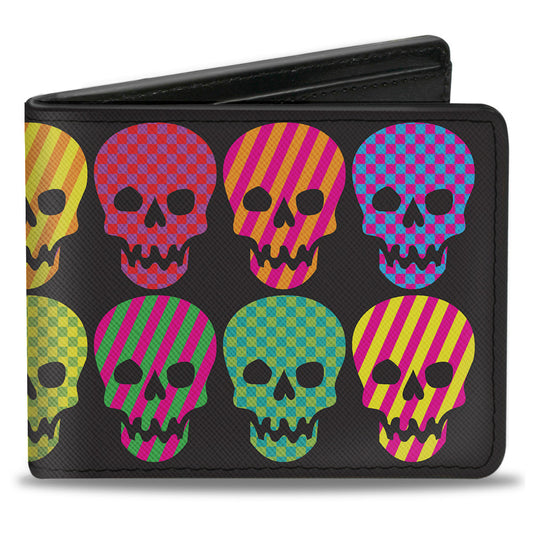 Bi-Fold Wallet - Checker & Stripe Skulls Black Multi Neon