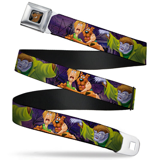 Scooby Doo Face Full Color Black Seatbelt Belt - Scooby & Shaggy Hugging w/Werewolf Man Purple Webbing