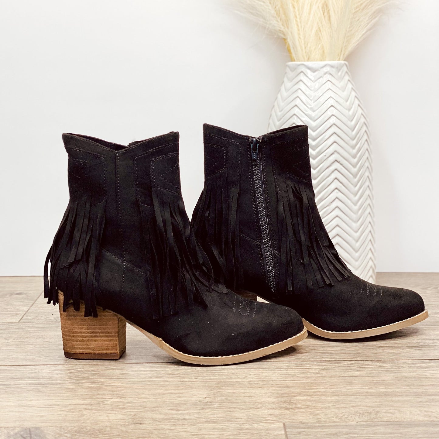 Sandra Fringe Booties in Black