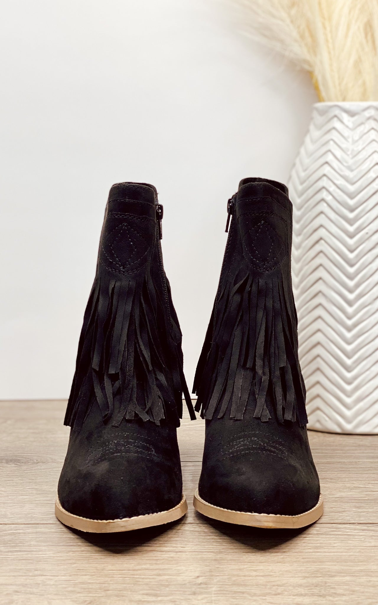 Sandra Fringe Booties in Black