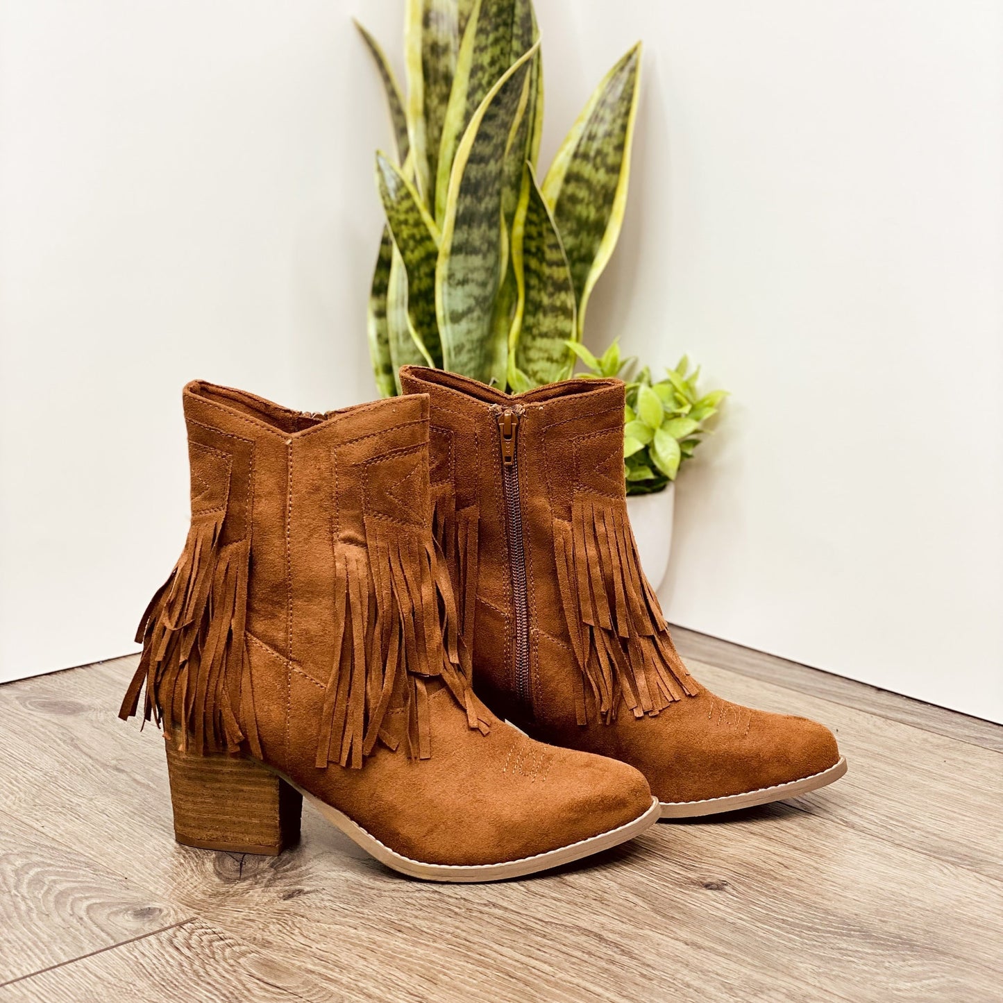 Sandra Fringe Booties in Tan