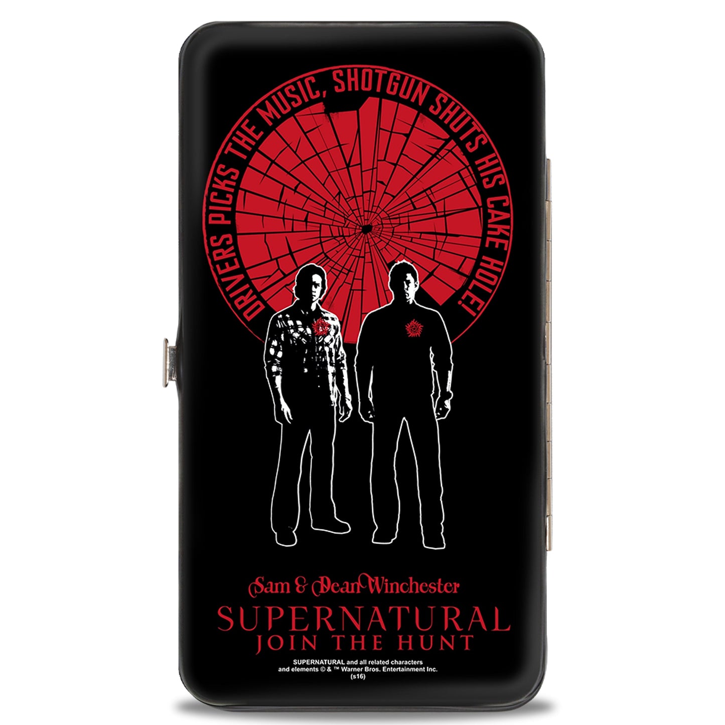 Hinged Wallet - SUPERNATURAL SAM & DEAN WINCHESTER Pose DRIVER PICKS THE MUSIC Shattered Glass Black Red White