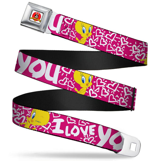 Looney Tunes Logo Full Color White Seatbelt Belt - Tweety Bird I LOVE YOU Fuchsia/White Webbing