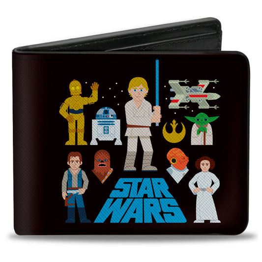 Bi-Fold Wallet - STAR WARS Text with Classic Characters and Icons Collage Black Blue