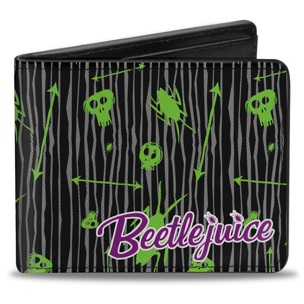 Bi-Fold Wallet - BEETLEJUICE Roach Skull Doodles Collage Black Gray Green Purple