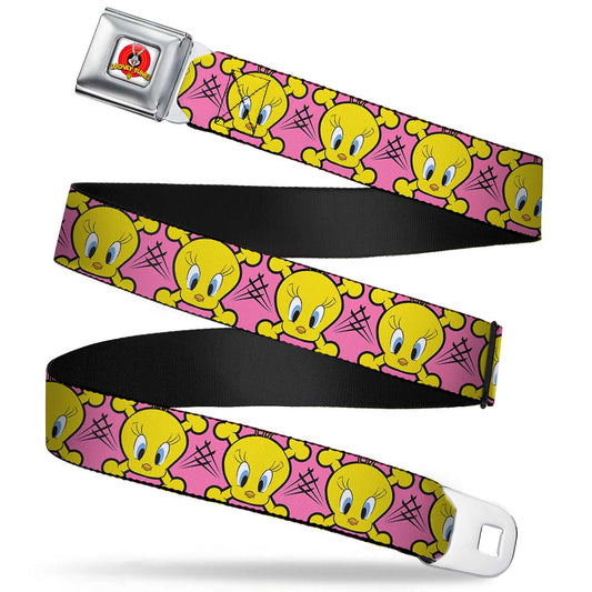 Looney Tunes Logo Full Color White Seatbelt Belt - Tweety Bird & Crossbones Pink/Black/Yellow Webbing