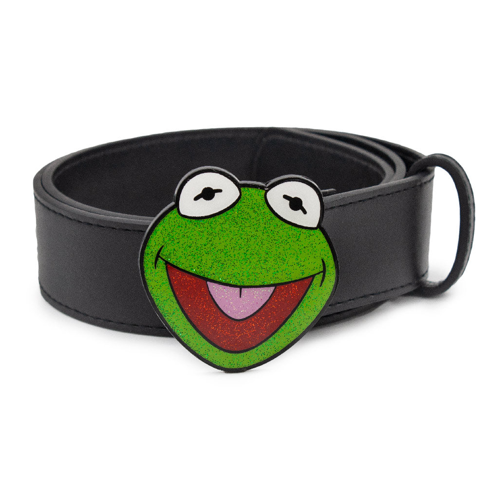 The Muppets Kermit the Frog Glitter Enamel Cast Buckle - 1.5 Inch Wide Black PU Strap Belt