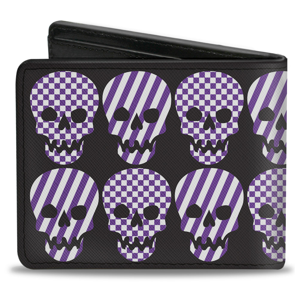 Bi-Fold Wallet - Checker & Stripe Skulls Black White Purple