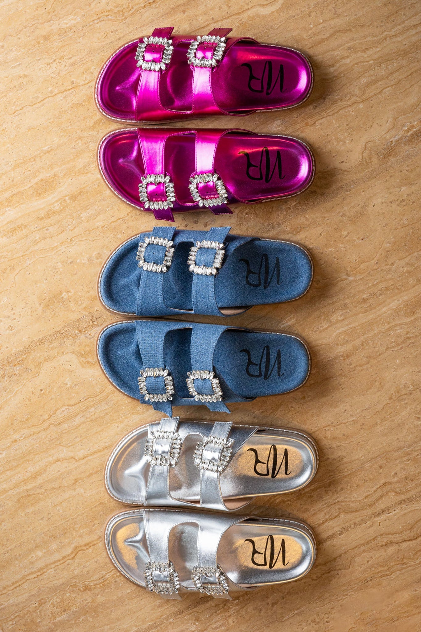 Stellar Rhinestone Buckle Slides in Denim