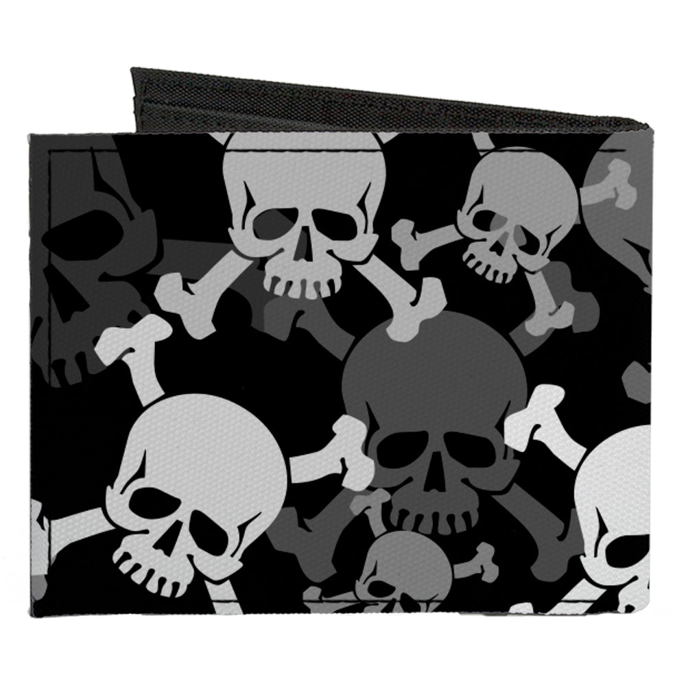 Canvas Bi-Fold Wallet - Top Skulls Stacked Black Gray White