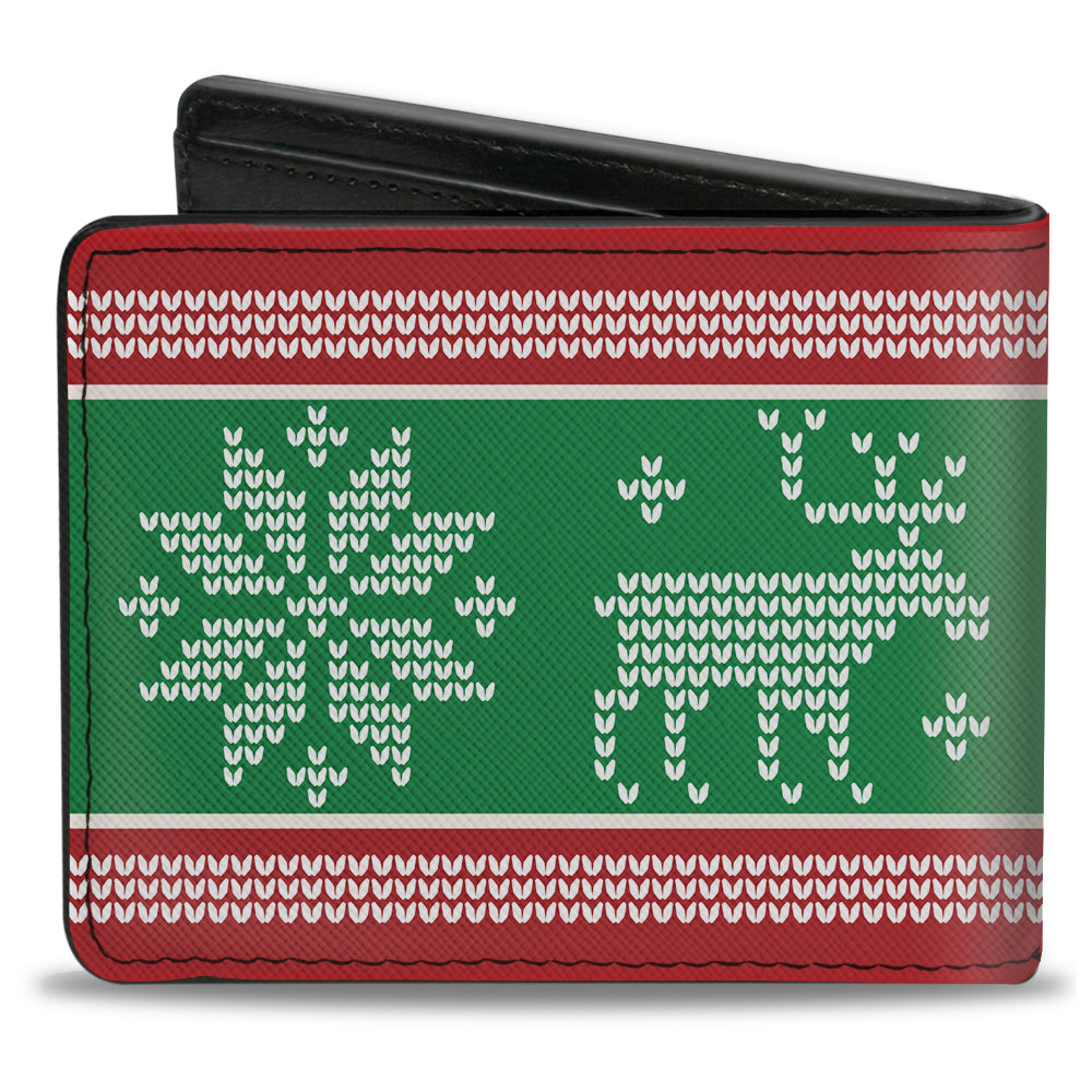 Bi-Fold Wallet - Christmas Stitch Moose Snowflakes Red Green