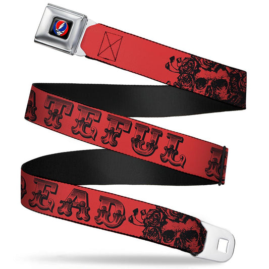 Steal Your Face Seatbelt Belt - Grateful Dead Text w/Skull & Roses Red Webbing