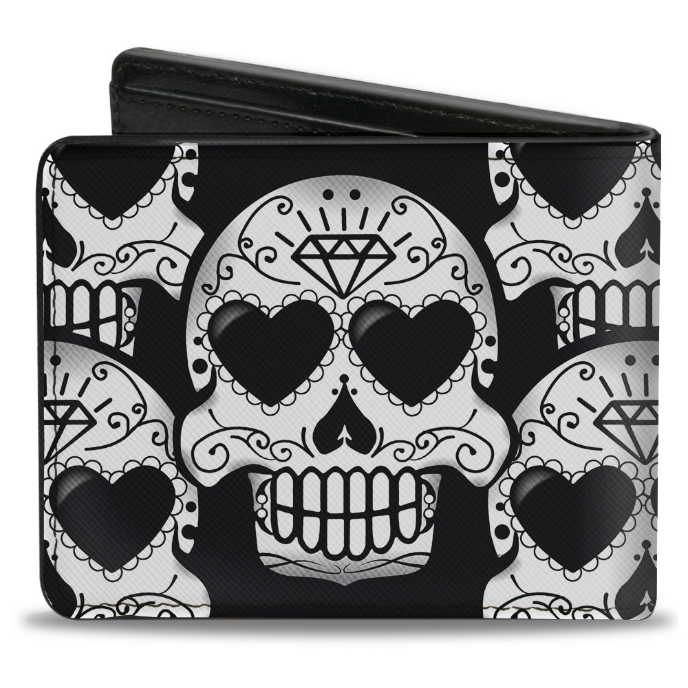 Bi-Fold Wallet - Diamond Sugar Skull Stacked Black Silver Fade White