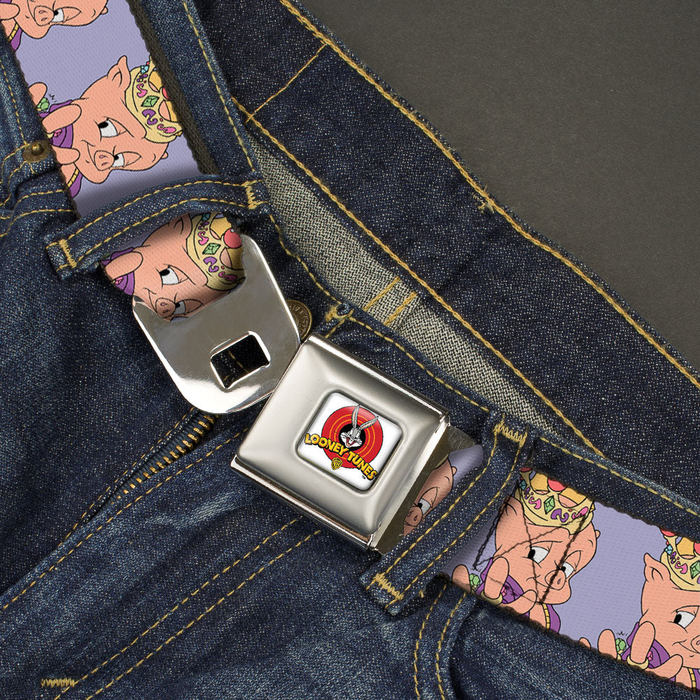 Looney Tunes Logo Full Color White Seatbelt Belt - Porky Pig Hip Hop Expression Lavender Webbing