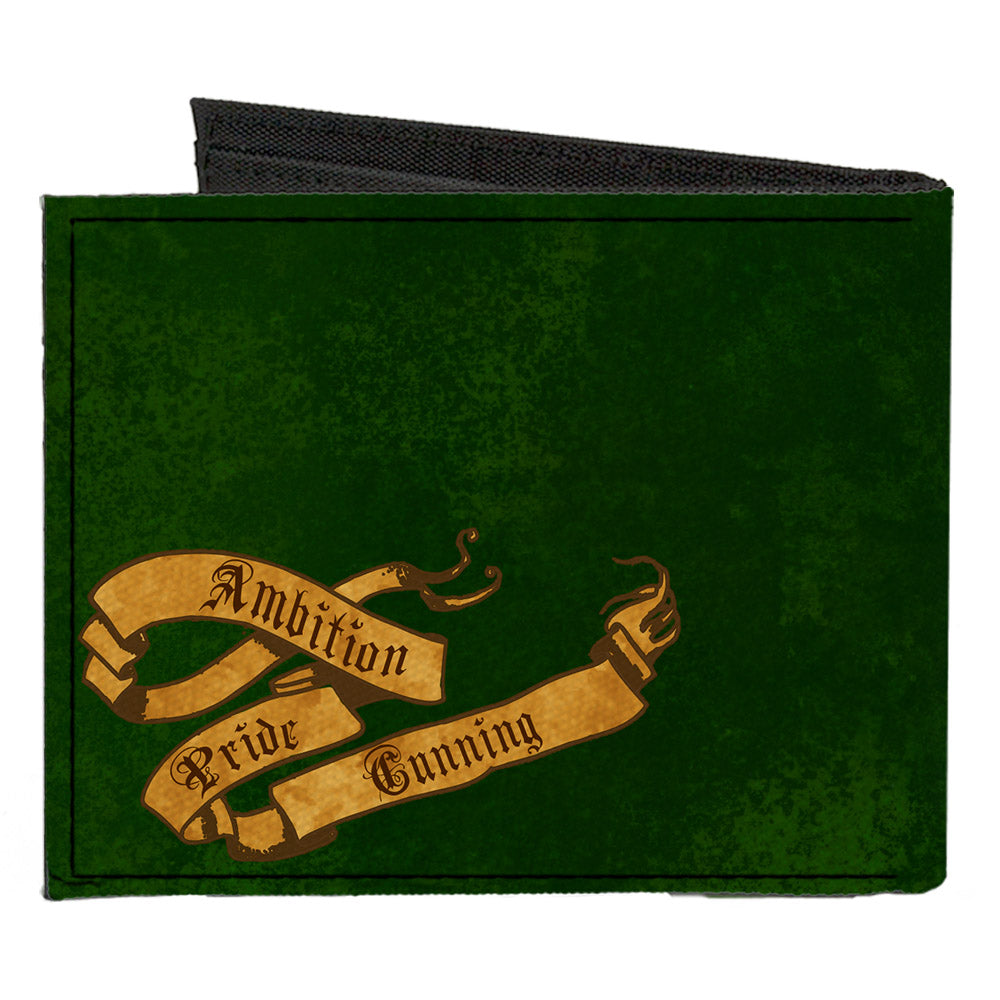 Canvas Bi-Fold Wallet - SLYTHERIN Serpent Crest + AMBITION PRIDE CUNNING Banner Greens Golds