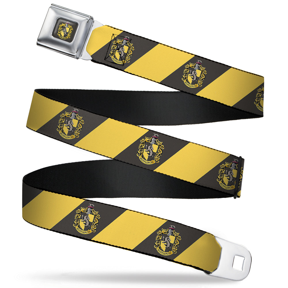 HUFFLEPUFF Crest Full Color Charcoal Gray Seatbelt Belt - HUFFLEPUFF Crest Diagonal Stripe Charcoal Gray/Yellow Webbing