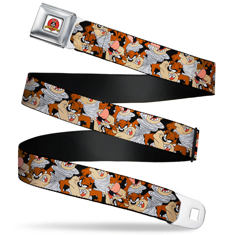 Looney Tunes Logo Full Color White Seatbelt Belt - Tasmanian Devil Vortex Poses Stacked Black Webbing