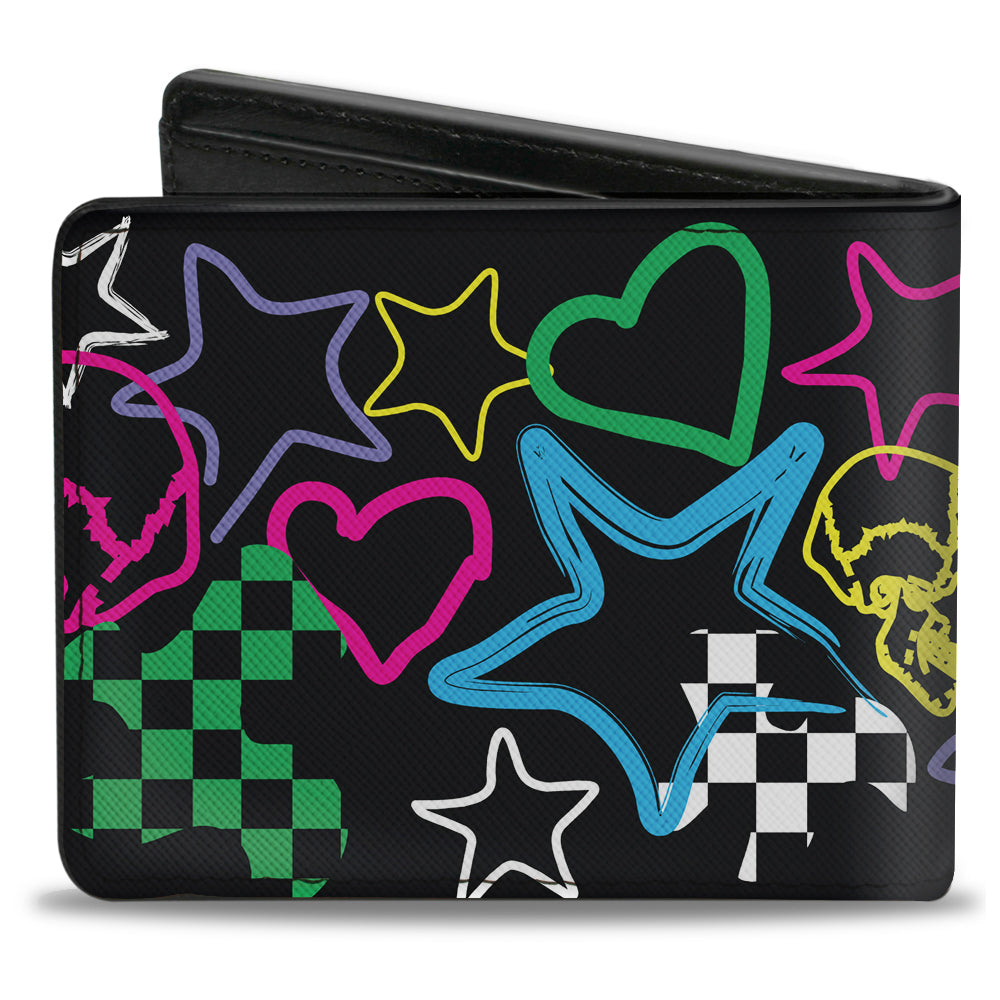 Bi-Fold Wallet - Sketch Skull Star Heart Checker Black Multi Color