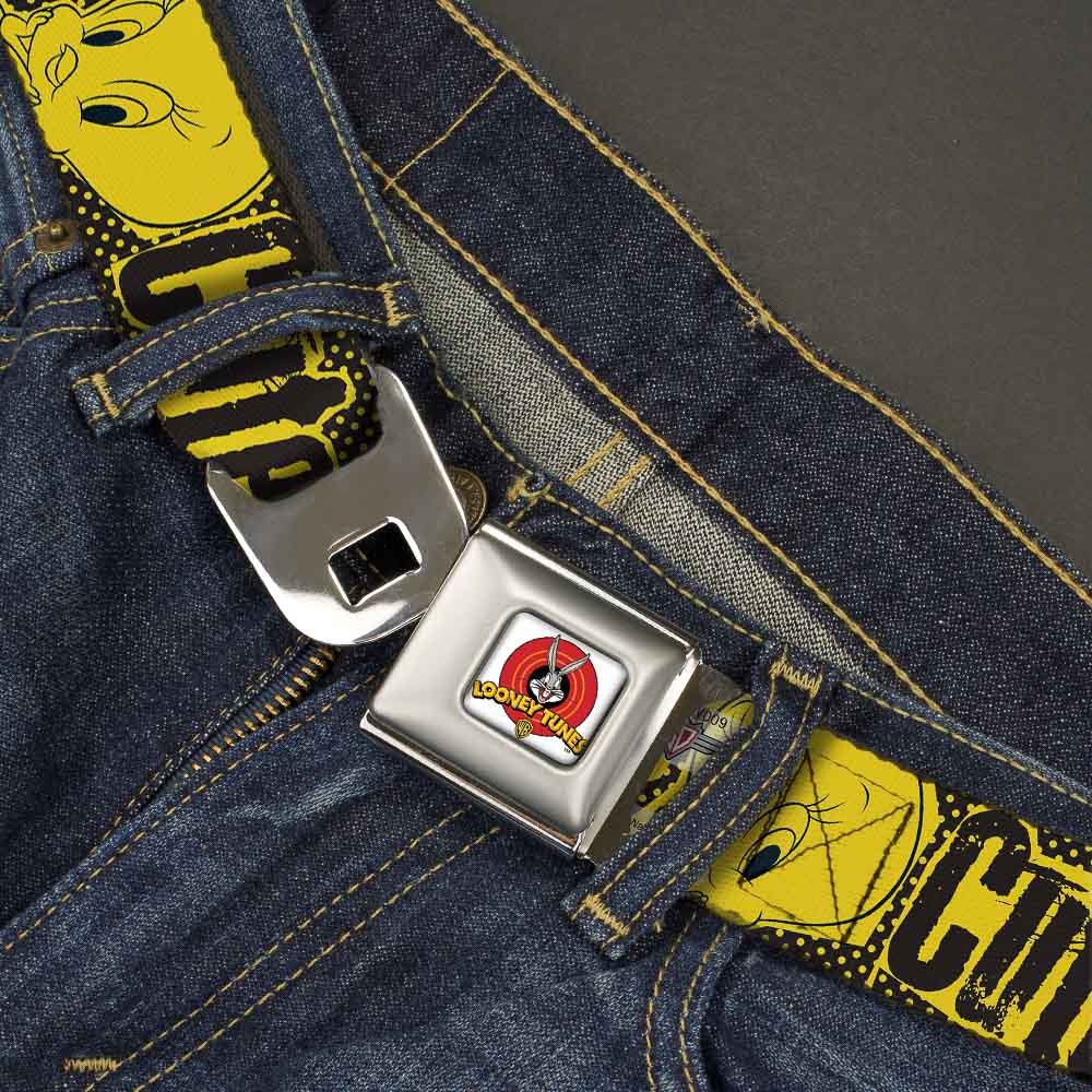 Looney Tunes Logo Full Color White Seatbelt Belt - Tweety Bird Poses CUTE LITTLE YELLOW BIRD Yellow/Black Webbing