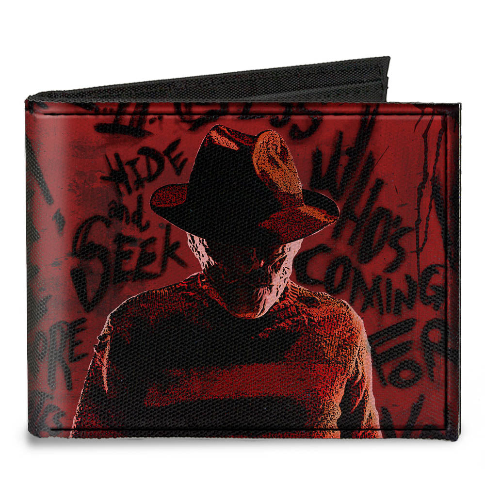 Canvas Bi-Fold Wallet - Freddy Pose2 + Hand Scratching Quote Scrawls Reds Black