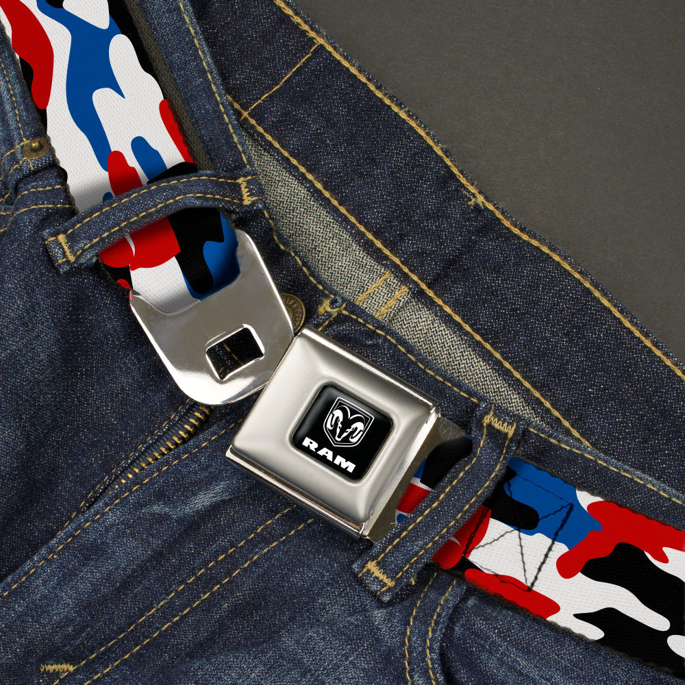 RAM Logo Full Color Black/White Seatbelt Belt - Ram Americana Camo Red/White/Blue/Black Webbing