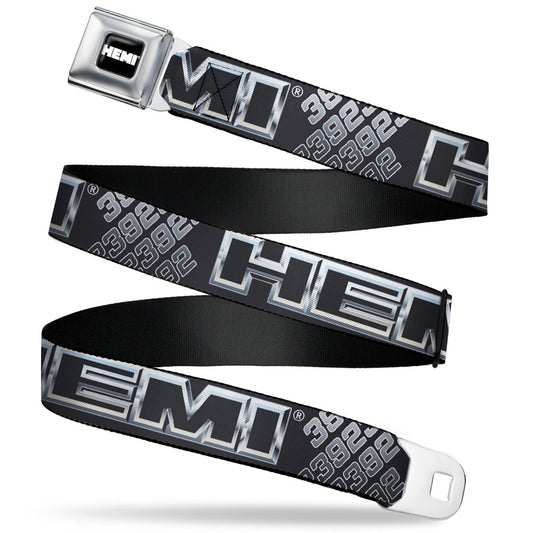 HEMI Bold Full Color Black/White Seatbelt Belt - HEMI Bold Outline 392/426 Black/Silver-Fade Webbing