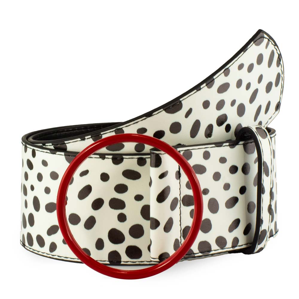 Cruella De Vil Red Cast Buckle - Dalmatian Spots White/Black PU Strap Belt