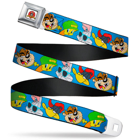 Looney Tunes Logo Full Color White Seatbelt Belt - Looney Tunes 4-Hip Hop Expressions Blue Webbing