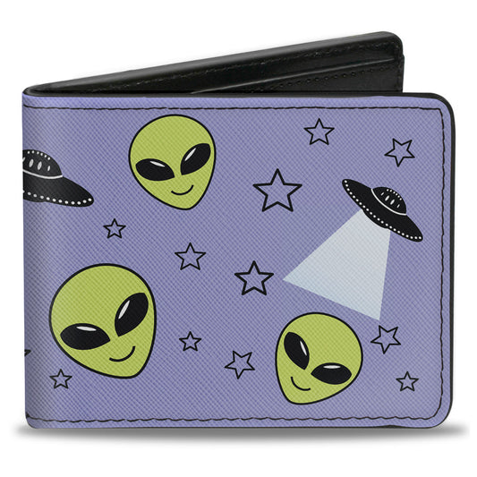 Bi-Fold Wallet - Alien Head Stars UFO's Scattered Lavender Black Green