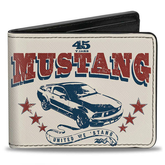 Bi-Fold Wallet - Vintage MUSTANG 45 YEARS UNITED WE 'STANG Scroll Ivory Navy Red