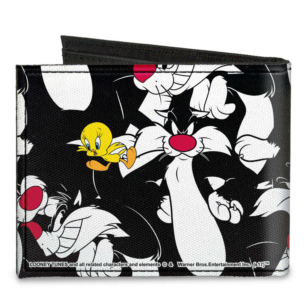 Canvas Bi-Fold Wallet - Sylvester and Tweety Poses Scattered Black