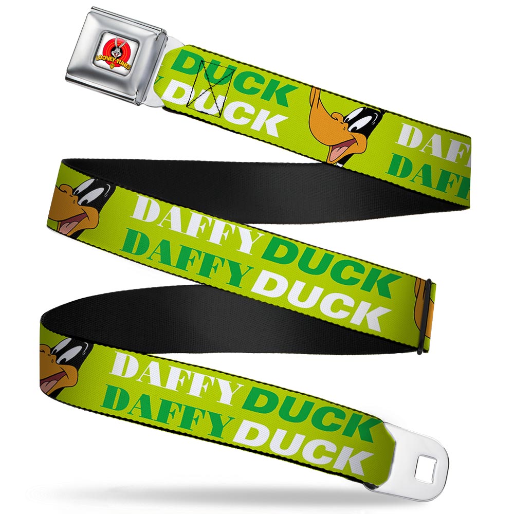 Looney Tunes Logo Full Color White Seatbelt Belt - DAFFY DUCK w/Face CLOSE-UP Greens Webbing