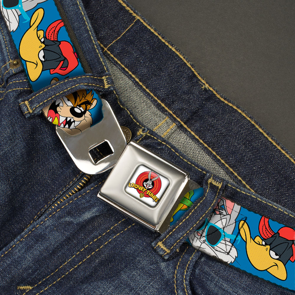 Looney Tunes Logo Full Color White Seatbelt Belt - Looney Tunes 4-Hip Hop Expressions Blue Webbing