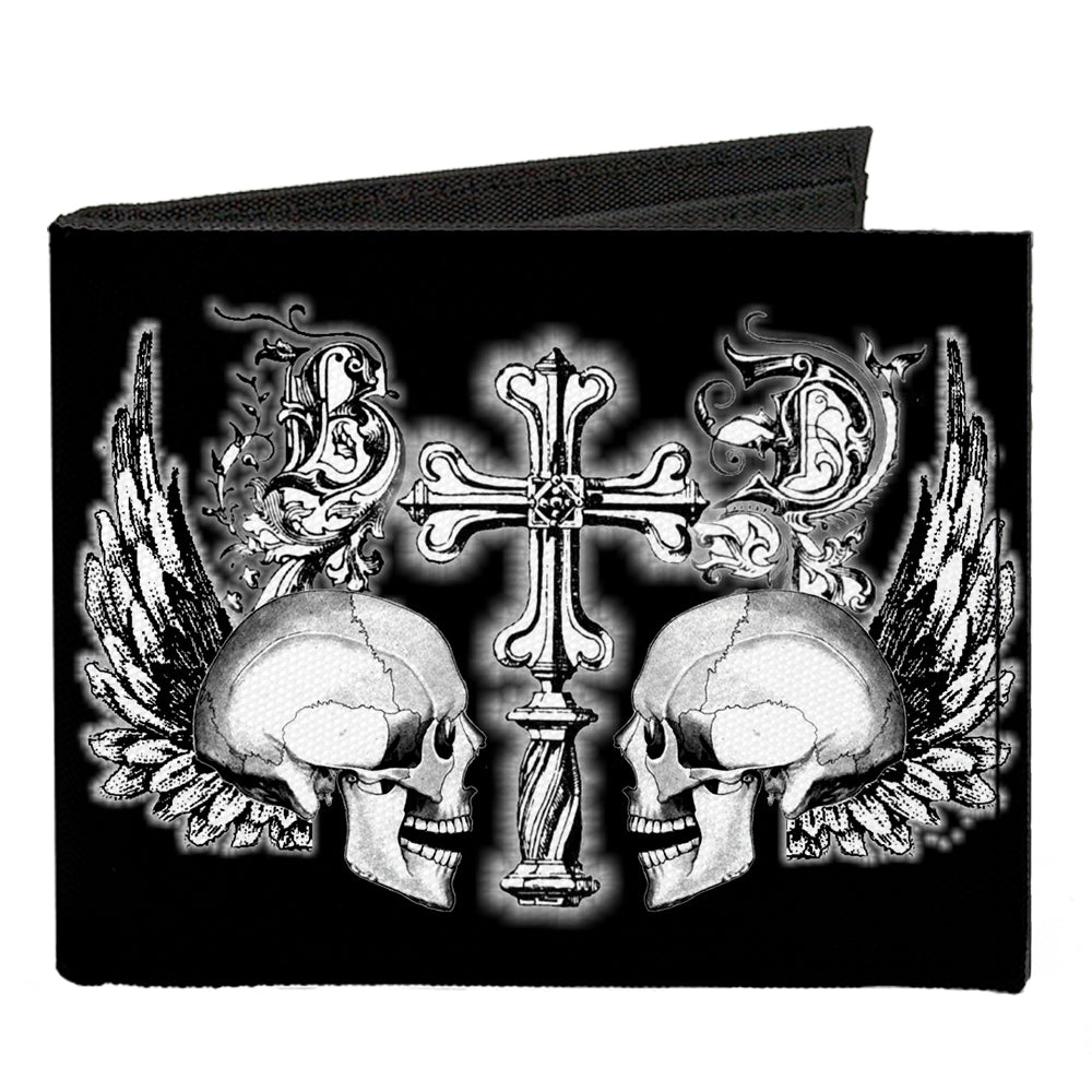 Canvas Bi-Fold Wallet - BD Skulls w Wings Black White