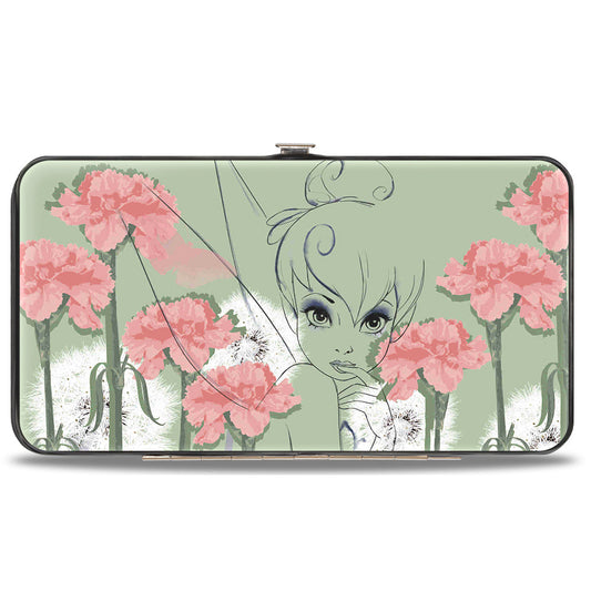 Hinged Wallet - Tinker Bell Sketch Carnations Dandelions Sage Greens Pinks White