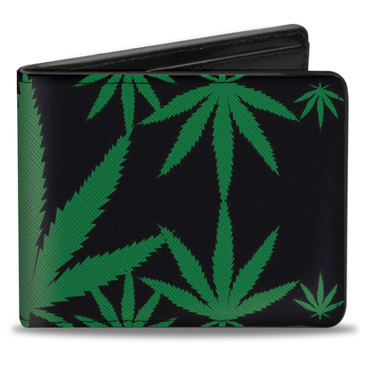 Bi-Fold Wallet - Marijuana Leaves Scattered Black Green