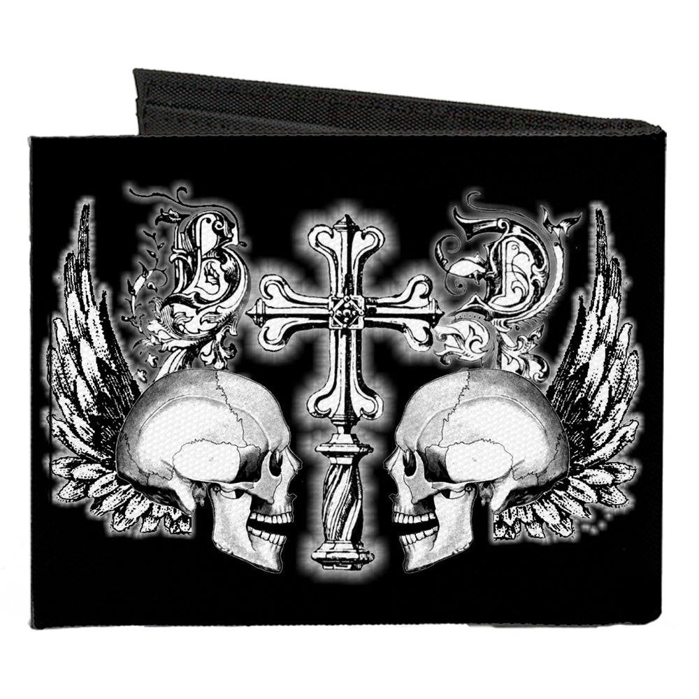 Canvas Bi-Fold Wallet - BD Skulls w Wings Black White