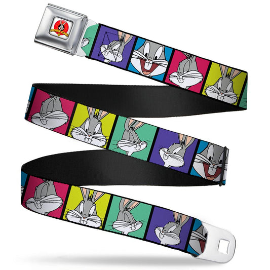 Looney Tunes Logo Full Color White Seatbelt Belt - Bugs Bunny Expression Blocks Multi Color Webbing