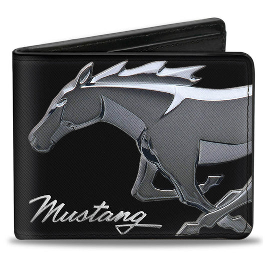 Bi-Fold Wallet - Mustang Chrome Pony MUSTANG Script Black Silver