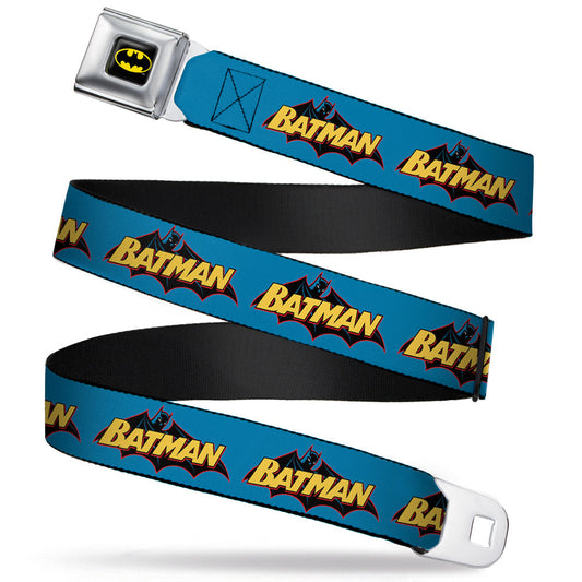 Batman Full Color Black Yellow Seatbelt Belt - Vintage Batman Logo Blue Webbing