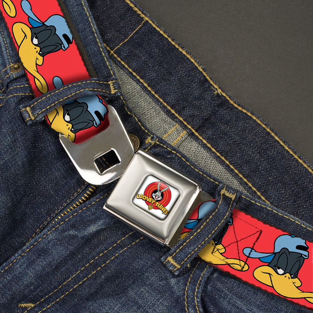 Looney Tunes Logo Full Color White Seatbelt Belt - Daffy Duck Hip Hop Expression2 Red Webbing