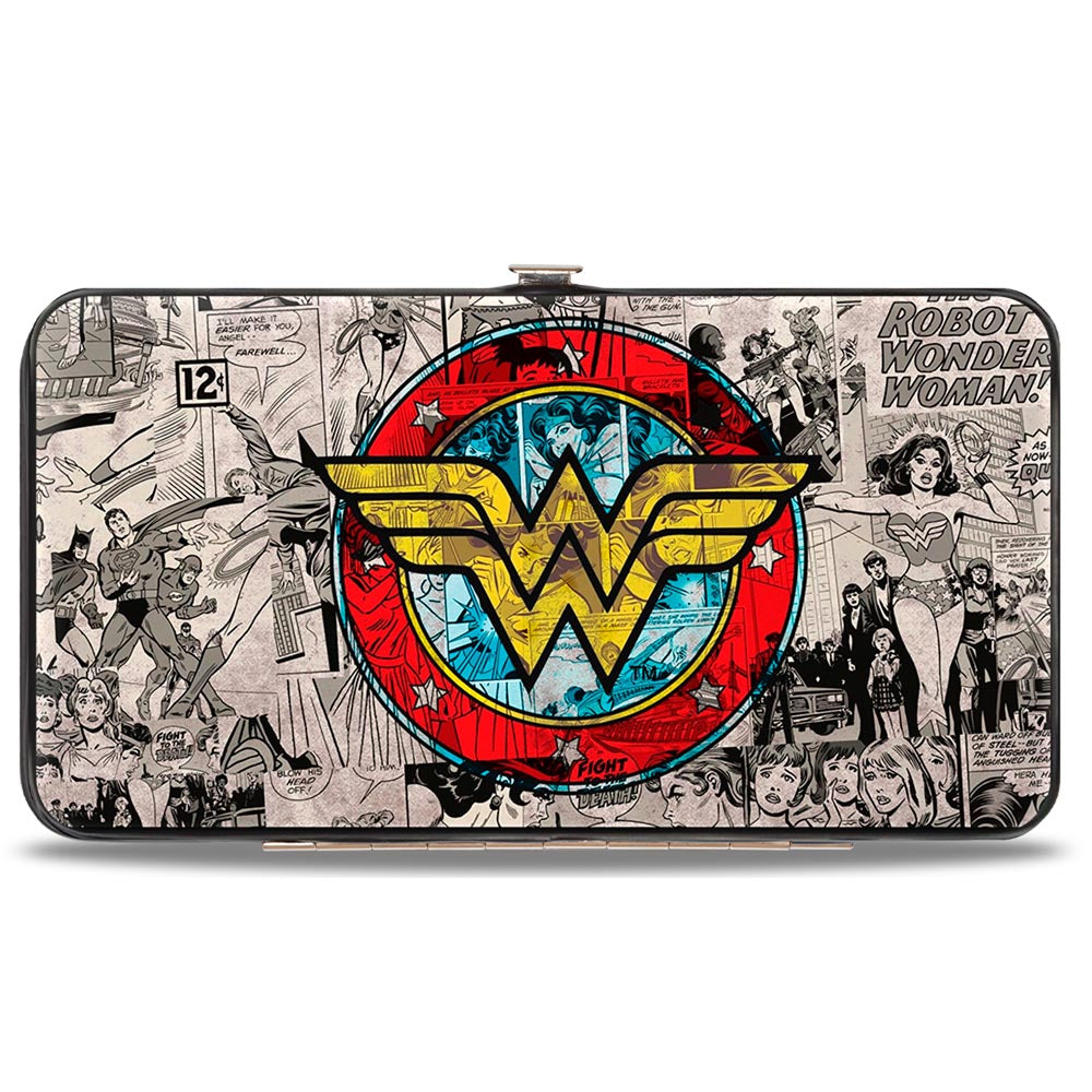 Hinged Wallet - Wonder Woman Logo Comic Scenes Grays Blue Red Yellow