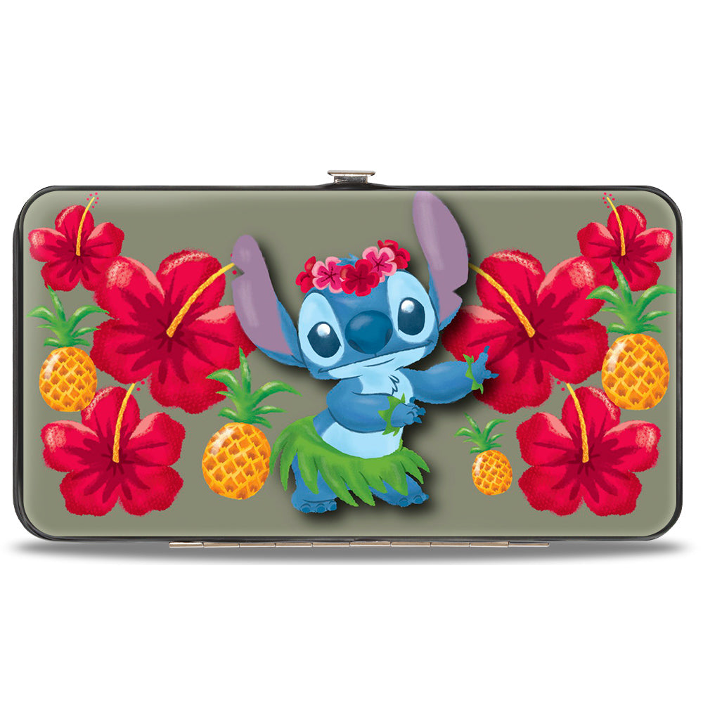 Hinged Wallet - Stitch Hula Pose Front + Back Hibiscus Flowers Pineapples Gray