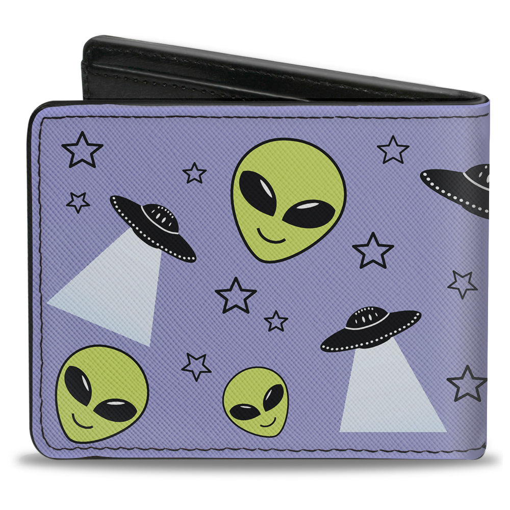 Bi-Fold Wallet - Alien Head Stars UFO's Scattered Lavender Black Green