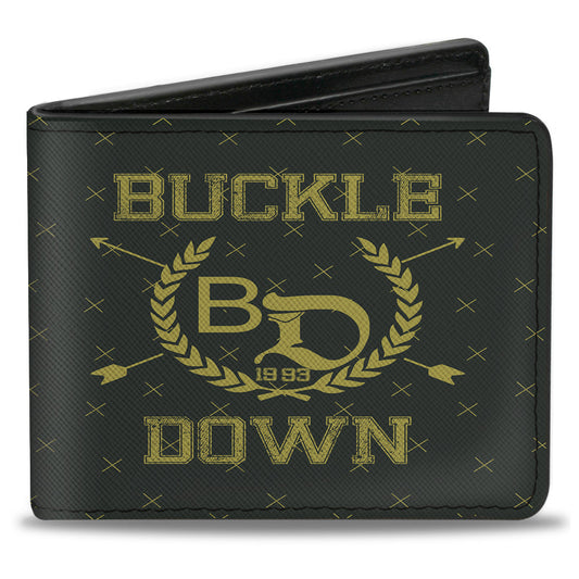 Bi-Fold Wallet - Buckle-Down Winged Skull ENJOY THE RIDE Olive Lime Green