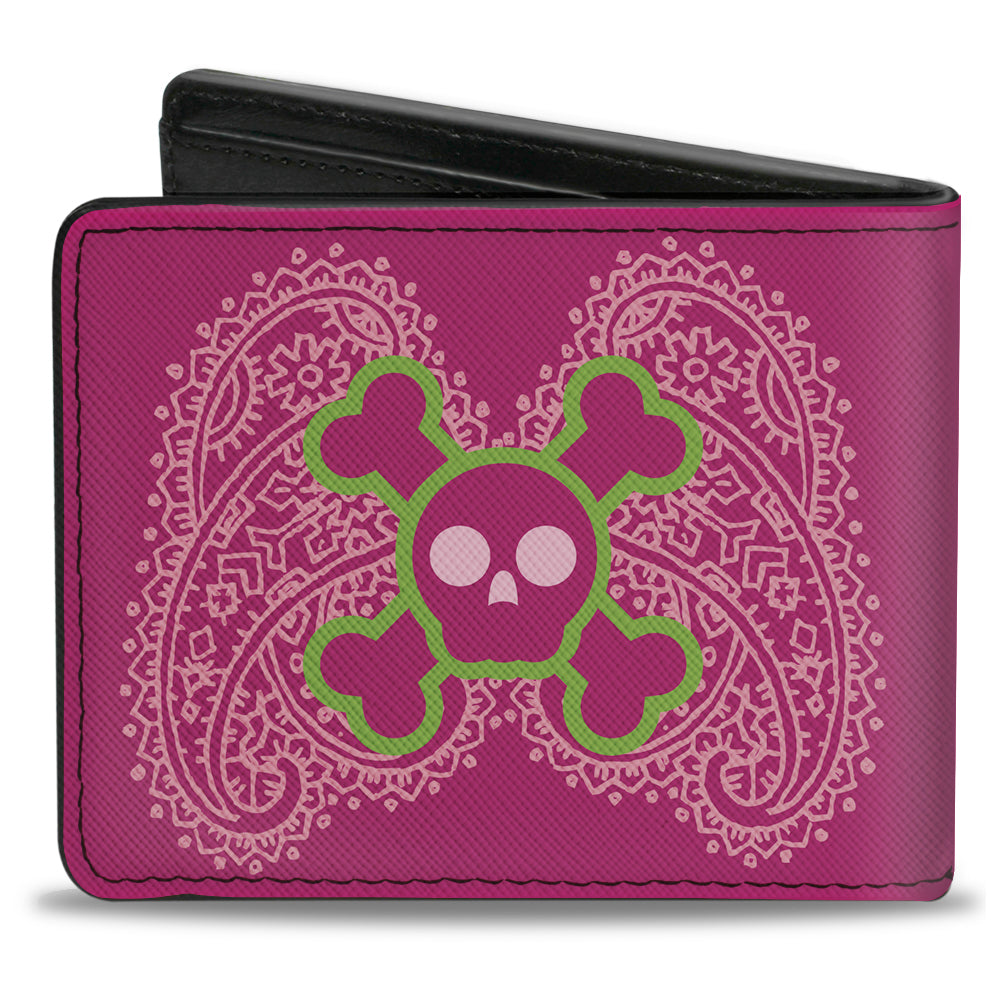 Bi-Fold Wallet - Cute Skulls w Paisley Purple Pink Green