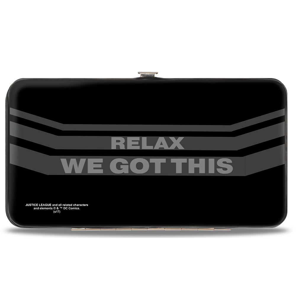 Hinged Wallet - Justice League 7-Superheroine Group Pose + RELAX WE GOT THIS Stripe Black Gray